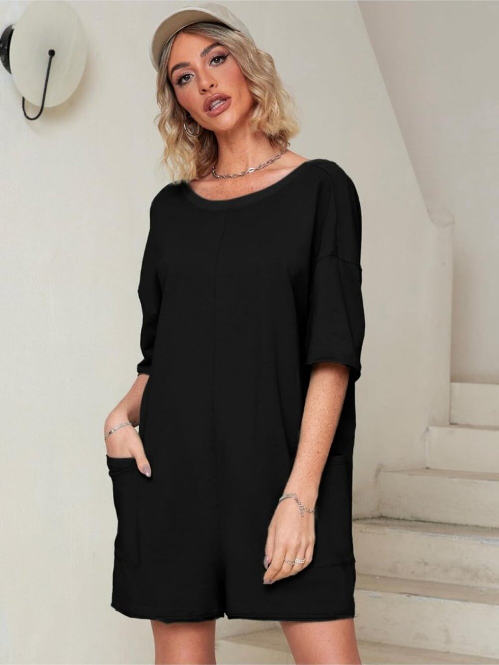 Women's Black Summer Casual Onesie Backless Loose Short Oversized Tee Romper - Picture 2 of 5